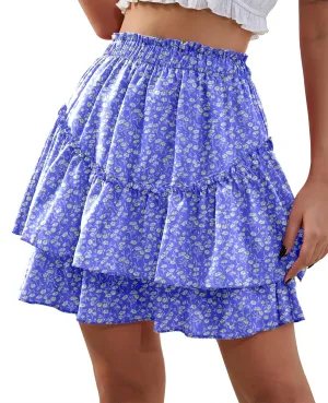 Women's Boho Ruffle Mini Skirt Summer Print Floral Tiered Short Skirt Casual High Waist Flowy Pleated Skirt