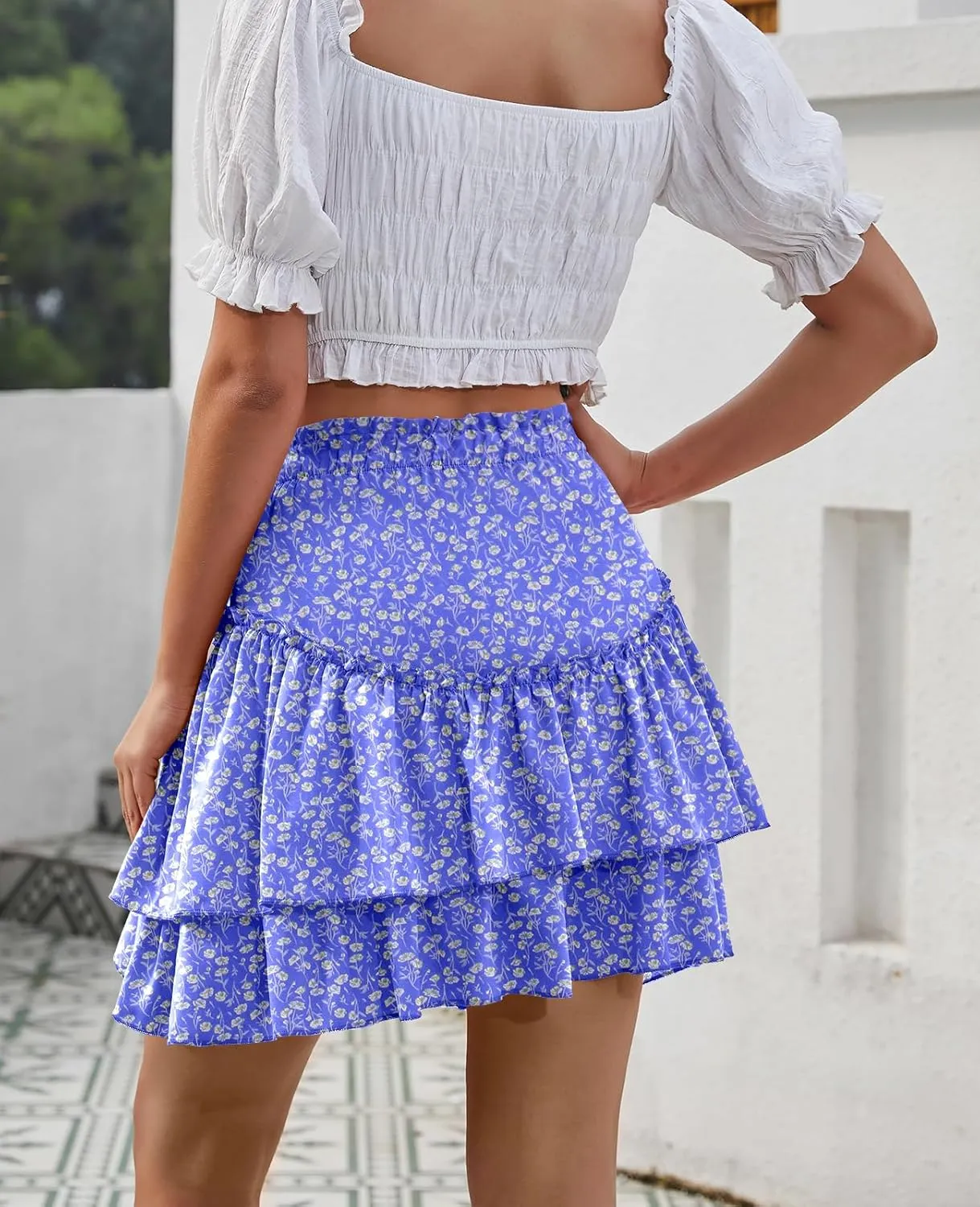 Women's Boho Ruffle Mini Skirt Summer Print Floral Tiered Short Skirt Casual High Waist Flowy Pleated Skirt