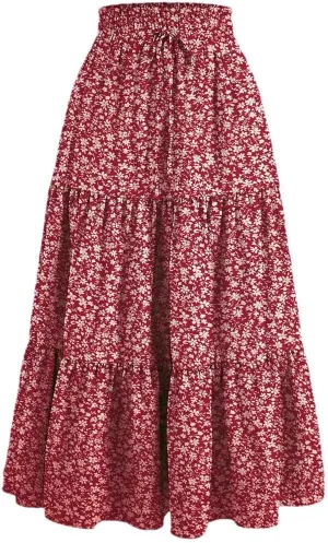 Women's Boho Vintage Floral Print Maxi Skirt Elastic High Waist Pleated Flowy A Line Long Skirts