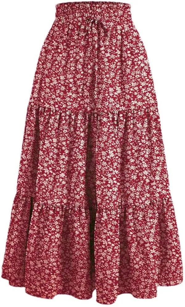 Women's Boho Vintage Floral Print Maxi Skirt Elastic High Waist Pleated Flowy A Line Long Skirts