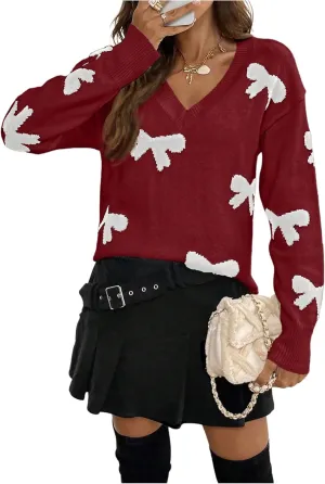 Women's Bow Print Sweaters V Neck Lightweight Sweater Long Sleeve Pullovers Knit Top