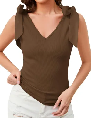 Women's Bow Tie Shoulder Strap Knit Tank Tops V Neck Slim Fit Casual Tie Strap Sleeveless Knit Tops Camisoles