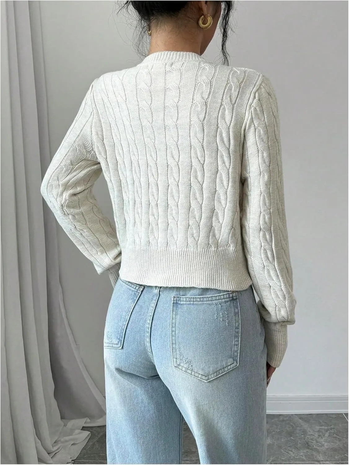 Women's Cable Knit V Neck Pullover Sweaters Long Sleeve Fall Casual Jumper Tops