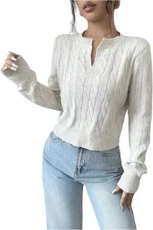 Women's Cable Knit V Neck Pullover Sweaters Long Sleeve Fall Casual Jumper Tops