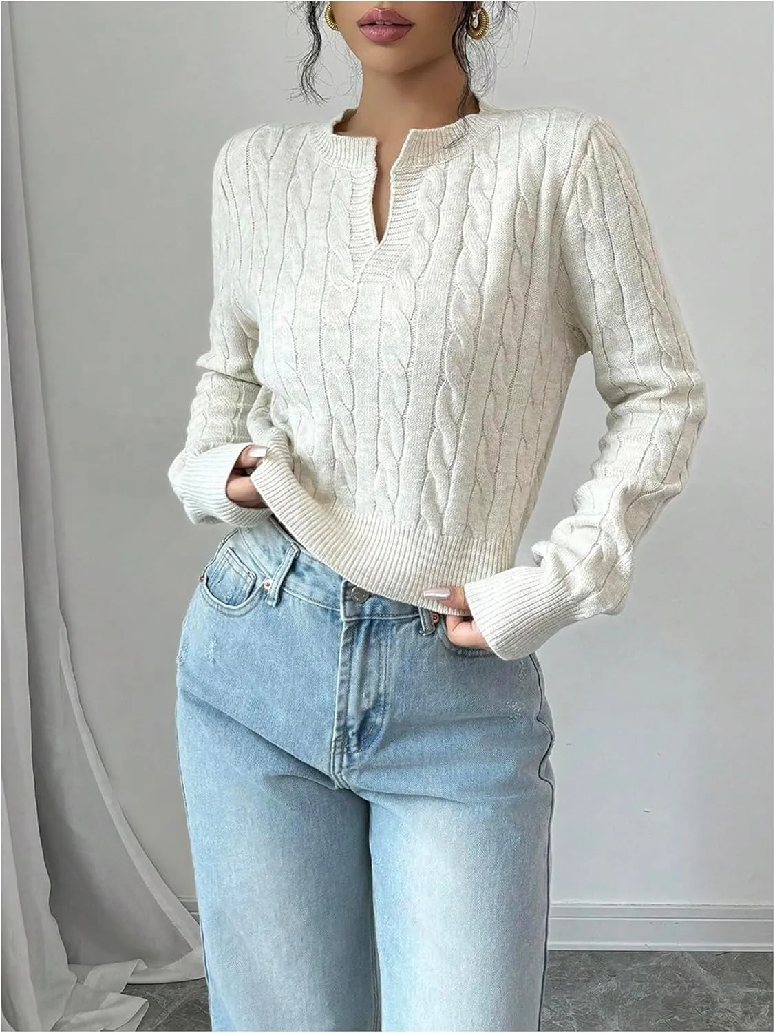 Women's Cable Knit V Neck Pullover Sweaters Long Sleeve Fall Casual Jumper Tops