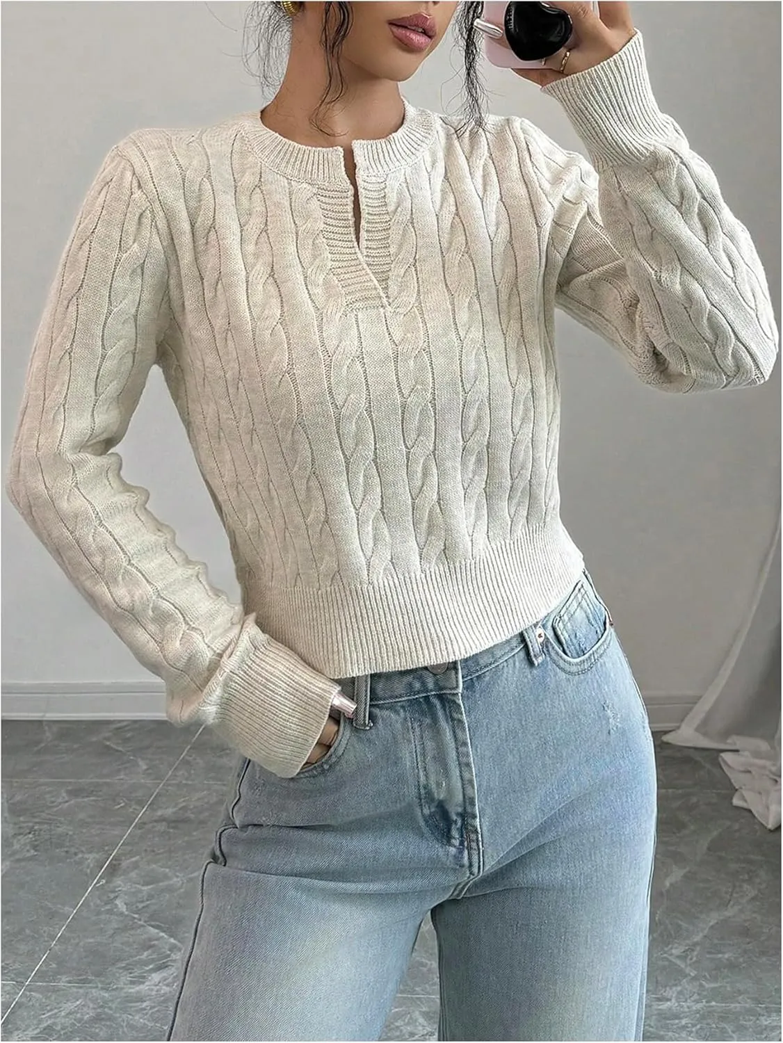 Women's Cable Knit V Neck Pullover Sweaters Long Sleeve Fall Casual Jumper Tops