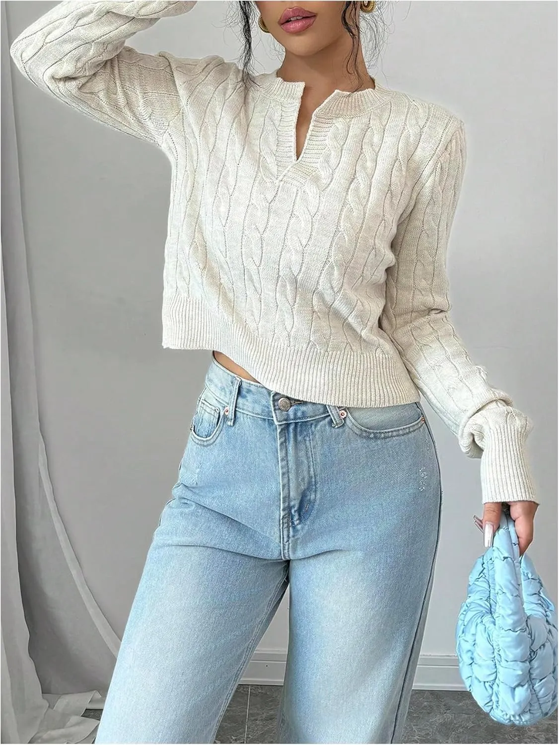 Women's Cable Knit V Neck Pullover Sweaters Long Sleeve Fall Casual Jumper Tops