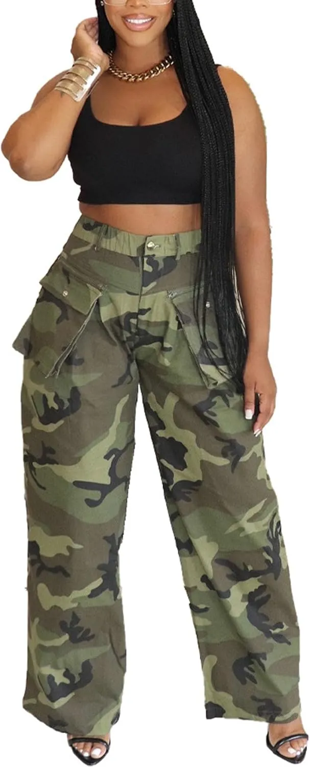 Women's Camo Cargo Pants Y2K High Waisted Wide Leg Baggy Army Fatigue Trousers with Pockets Sweatpants