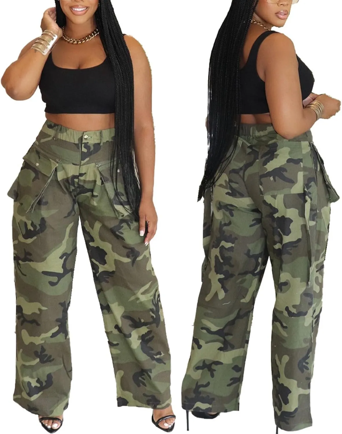 Women's Camo Cargo Pants Y2K High Waisted Wide Leg Baggy Army Fatigue Trousers with Pockets Sweatpants