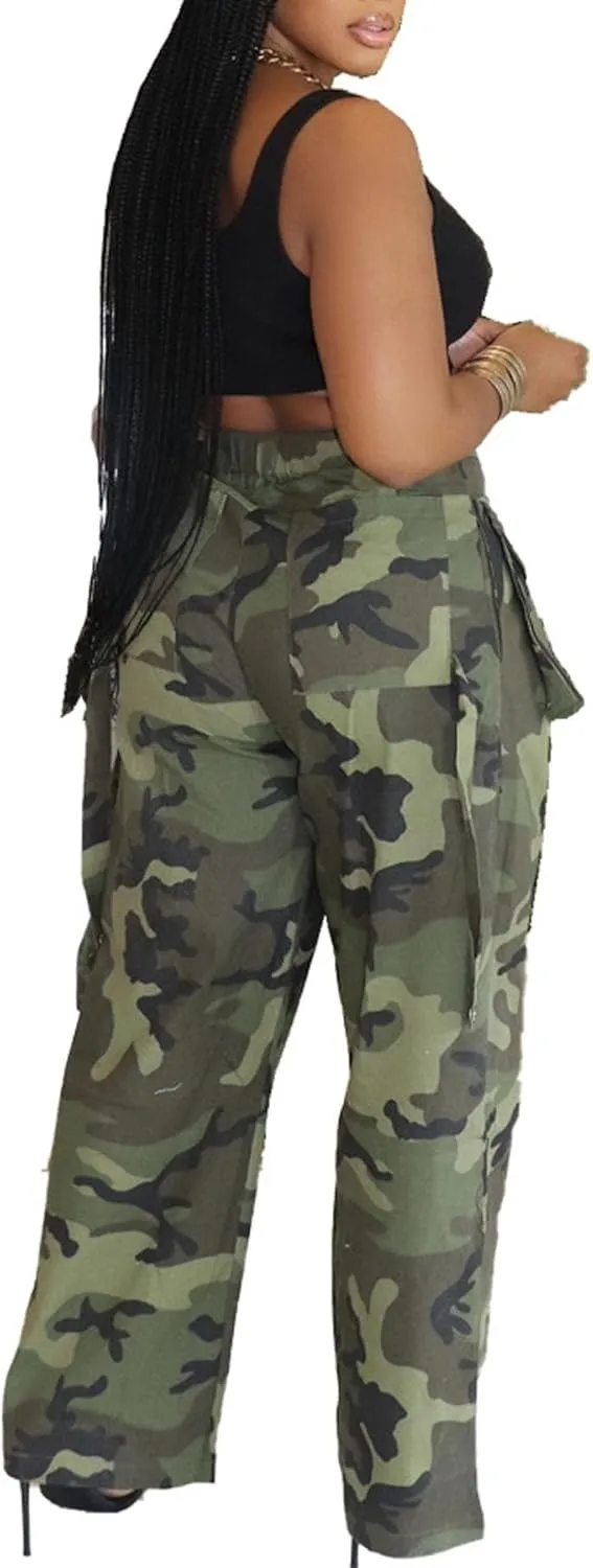 Women's Camo Cargo Pants Y2K High Waisted Wide Leg Baggy Army Fatigue Trousers with Pockets Sweatpants