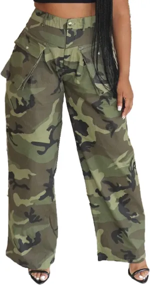 Women's Camo Cargo Pants Y2K High Waisted Wide Leg Baggy Army Fatigue Trousers with Pockets Sweatpants