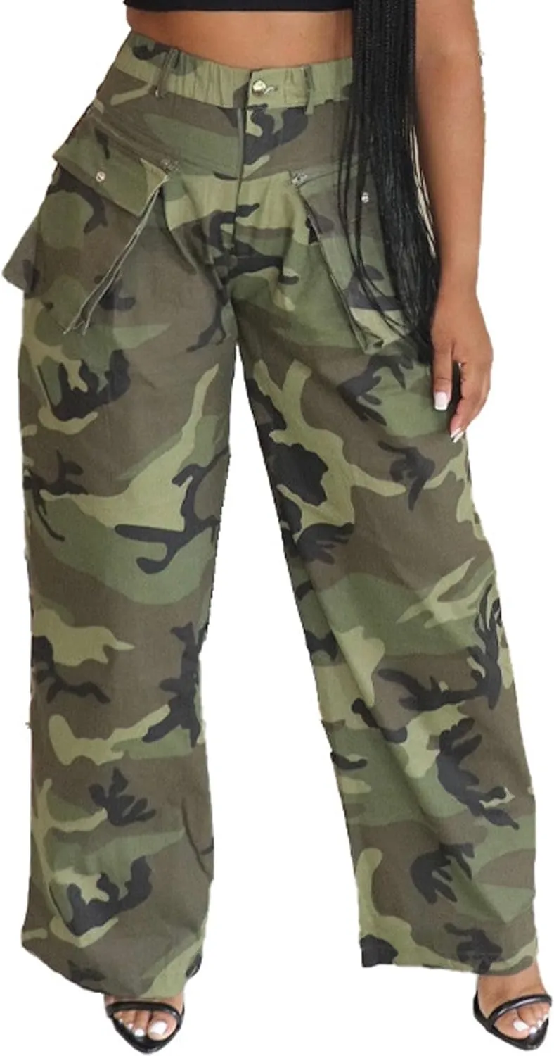 Women's Camo Cargo Pants Y2K High Waisted Wide Leg Baggy Army Fatigue Trousers with Pockets Sweatpants