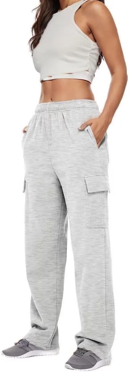 Womens Cargo Sweatpants Baggy Wide Leg Pants Warm Elastic High Waist Joggers Fall Track Lounge Trousers with Pockets