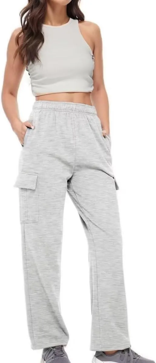 Womens Cargo Sweatpants Baggy Wide Leg Pants Warm Elastic High Waist Joggers Fall Track Lounge Trousers with Pockets