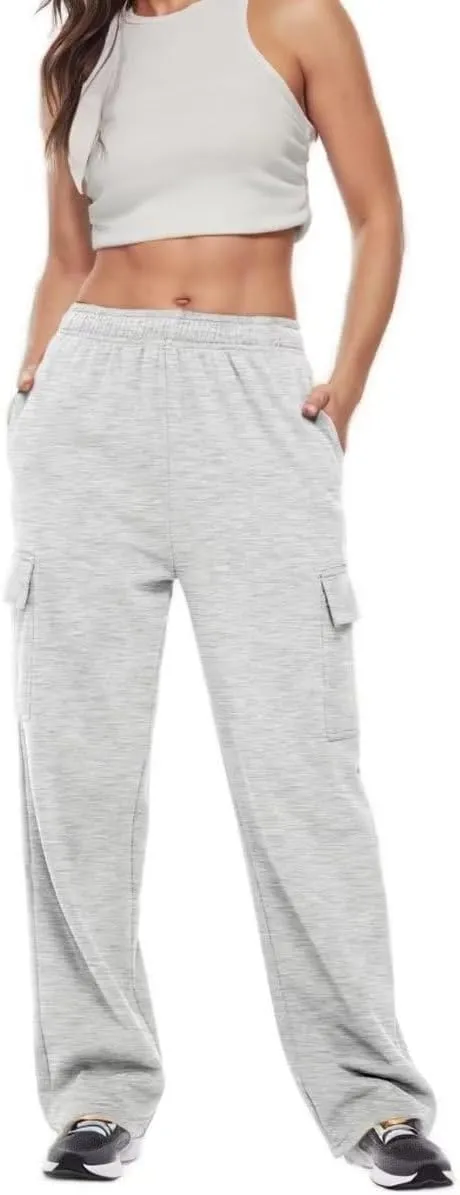 Womens Cargo Sweatpants Baggy Wide Leg Pants Warm Elastic High Waist Joggers Fall Track Lounge Trousers with Pockets