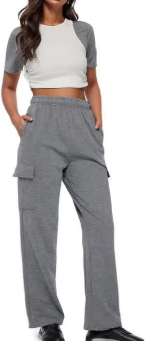Women's Cargo Sweatpants Trendy Straight Leg Sweats Pants Cotton Elastic Waist Joggers Workout Trousers with Pockets