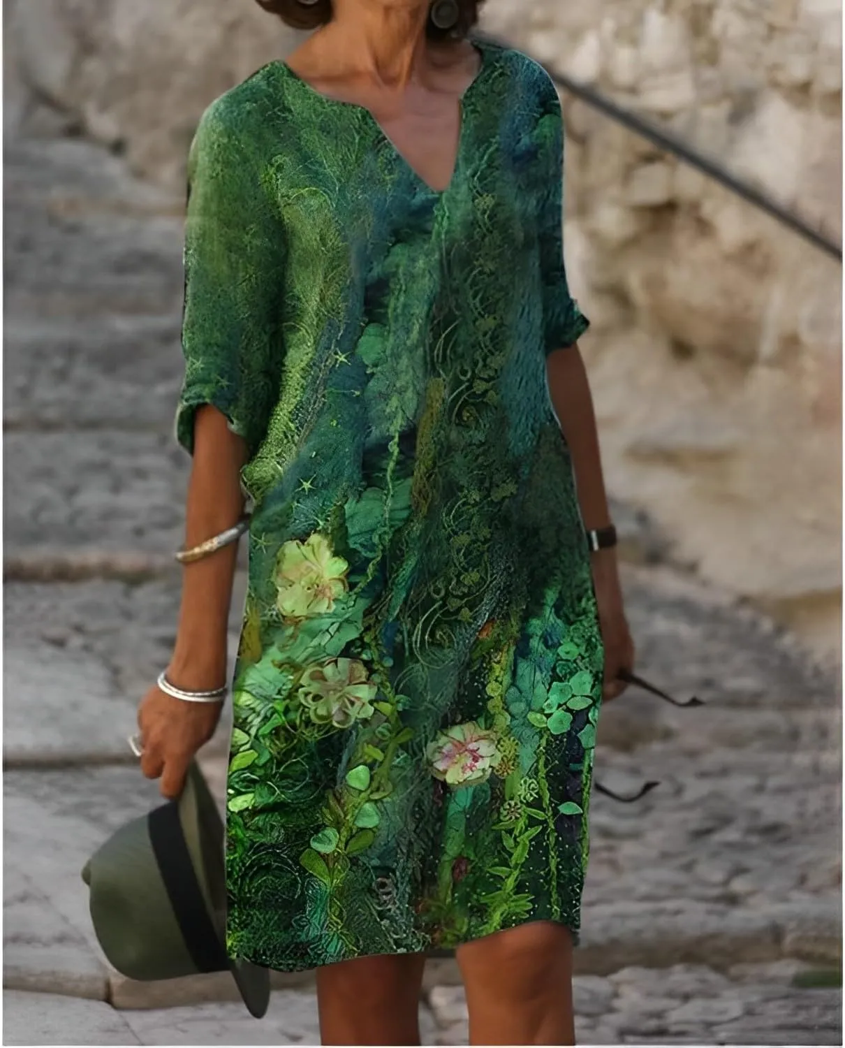 Womens Casual Linen Retro Floral Print V Neck Half Sleeve Shift Sundress Loose Midi Summer Dresses for Women 2024