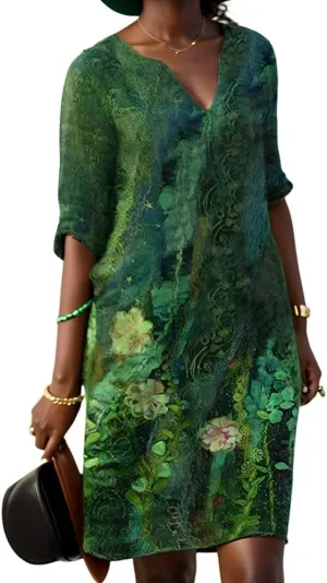 Womens Casual Linen Retro Floral Print V Neck Half Sleeve Shift Sundress Loose Midi Summer Dresses for Women 2024