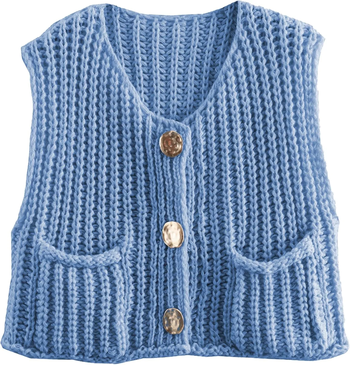 Women's Chunky Cropped Sweater Vest Sleeveless Button Down Trendy Cardigan Knit Crop Tops with Pockets