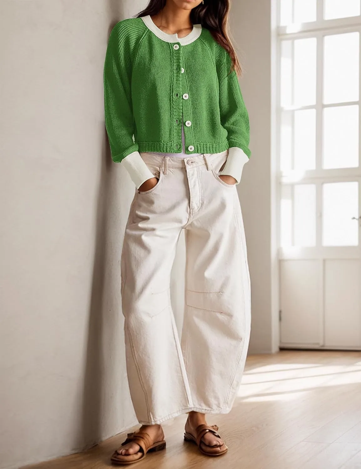 Women's Color Block Button Down Cardigan Sweaters Long Sleeve Slim Fit Trendy Round Neck Knitted Cardigans