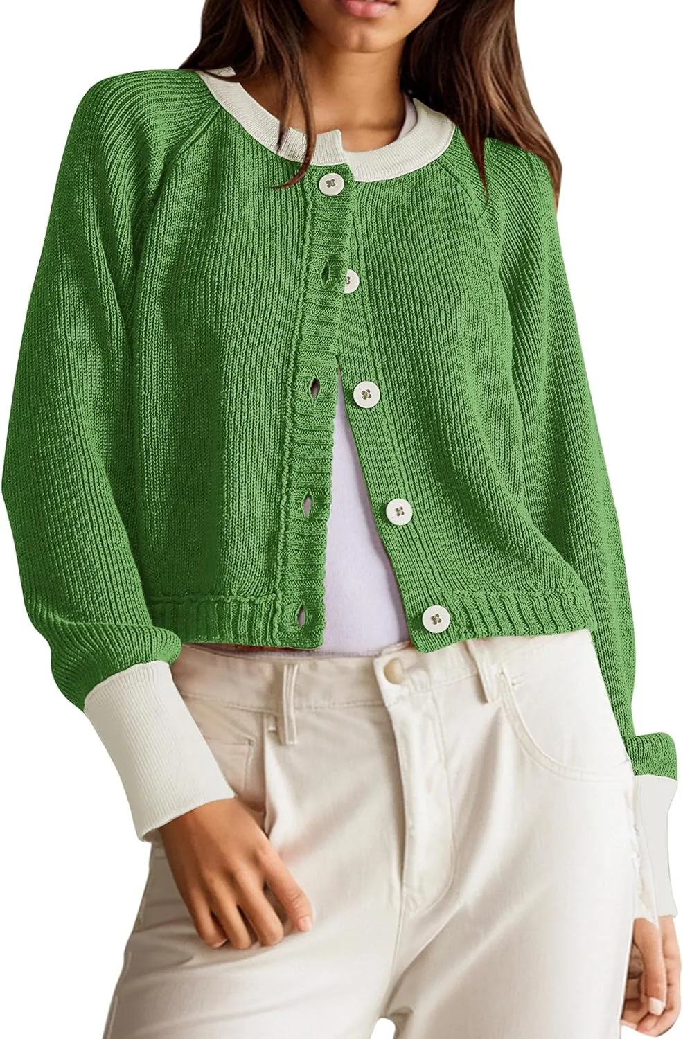 Women's Color Block Button Down Cardigan Sweaters Long Sleeve Slim Fit Trendy Round Neck Knitted Cardigans