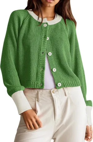 Women's Color Block Button Down Cardigan Sweaters Long Sleeve Slim Fit Trendy Round Neck Knitted Cardigans