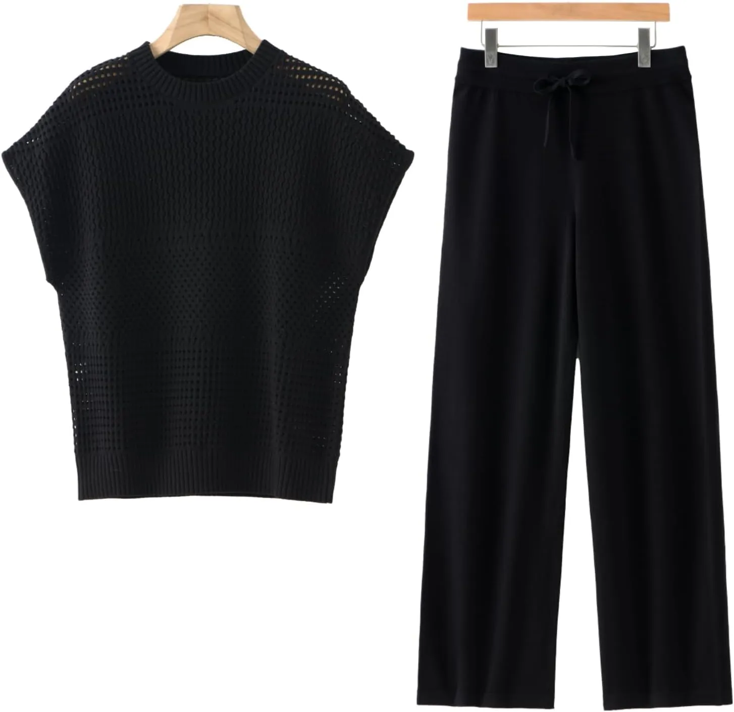 Women's Crochet Knit Lounge Set  2 Piece Sleeveless Pullover Top & Wide-Leg Pants, Lightweight Casual Spring Outfit