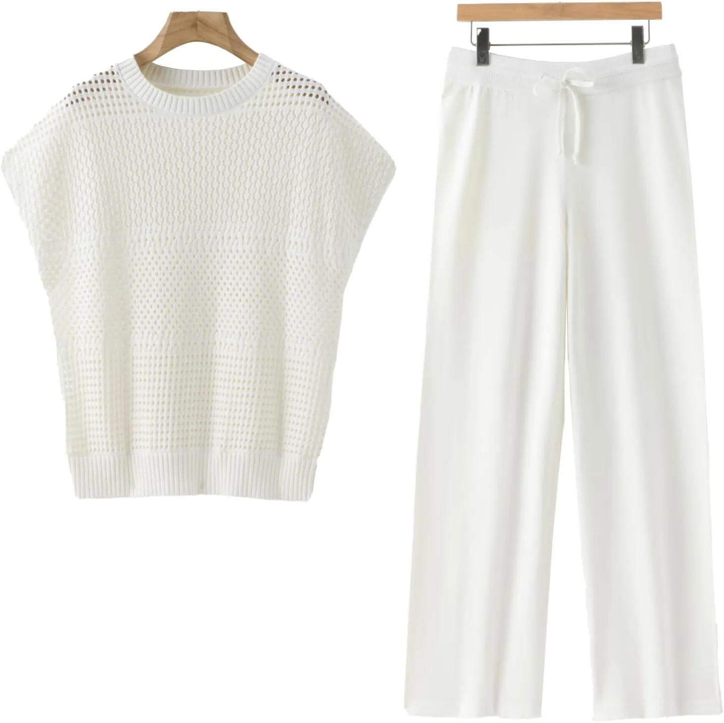 Women's Crochet Knit Lounge Set  2 Piece Sleeveless Pullover Top & Wide-Leg Pants, Lightweight Casual Spring Outfit