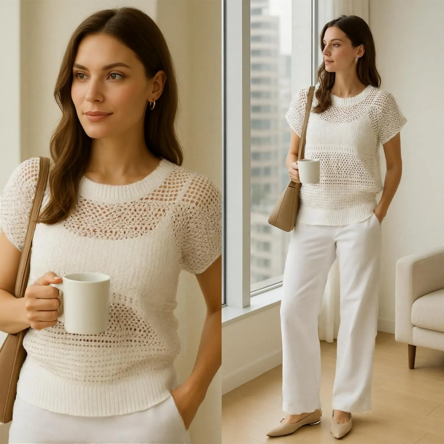 Women's Crochet Knit Lounge Set  2 Piece Sleeveless Pullover Top & Wide-Leg Pants, Lightweight Casual Spring Outfit