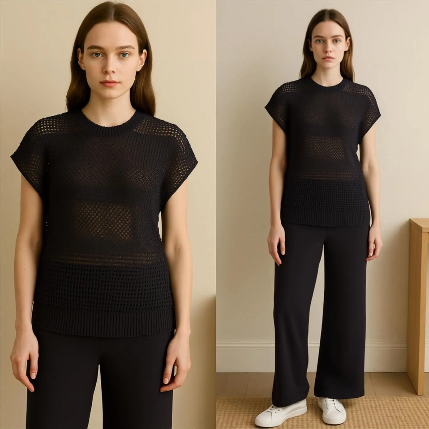 Women's Crochet Knit Lounge Set  2 Piece Sleeveless Pullover Top & Wide-Leg Pants, Lightweight Casual Spring Outfit