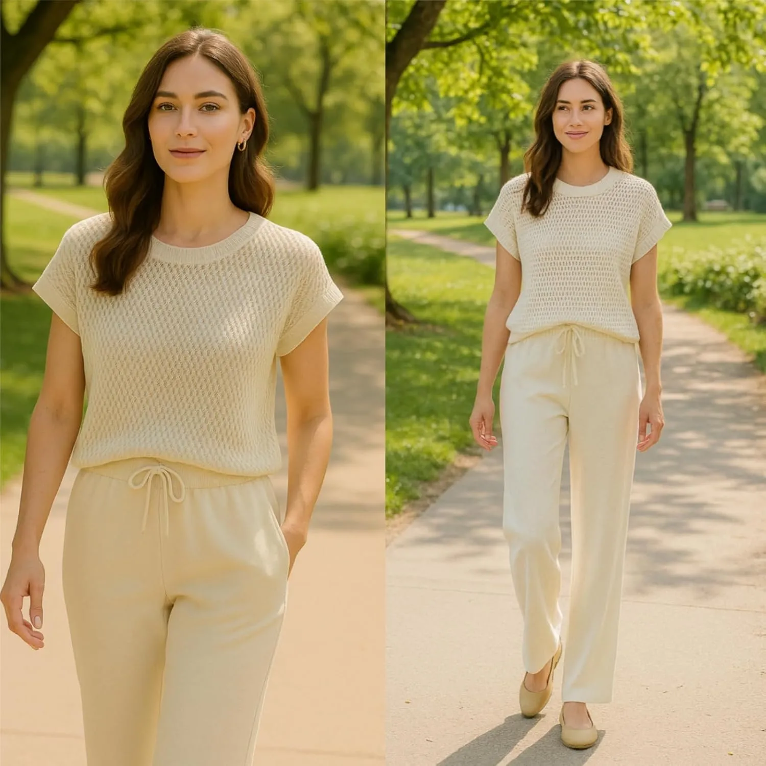 Women's Crochet Knit Lounge Set  2 Piece Sleeveless Pullover Top & Wide-Leg Pants, Lightweight Casual Spring Outfit