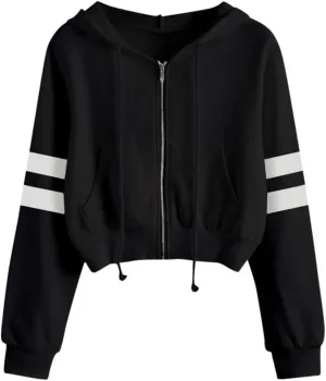 Women's Crop Hoodies Color Block Long Sleeve Zip Up Hooded Sport Jackets Casual Loose Lightweight Drawstring Cropped Tops