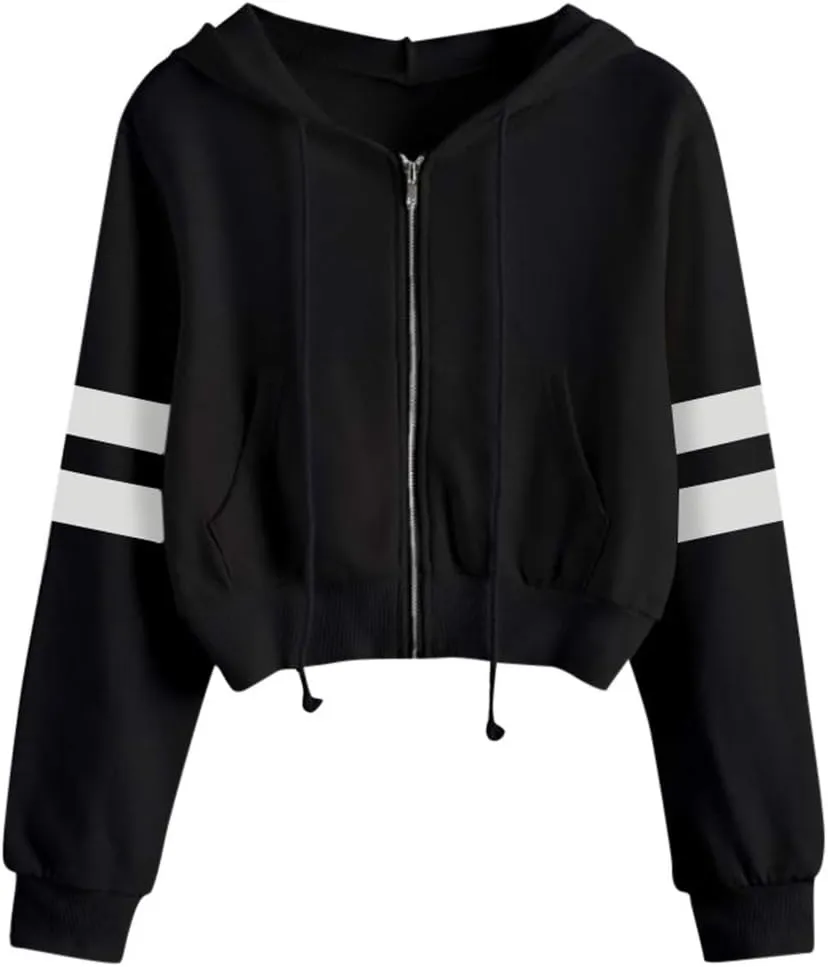 Women's Crop Hoodies Color Block Long Sleeve Zip Up Hooded Sport Jackets Casual Loose Lightweight Drawstring Cropped Tops