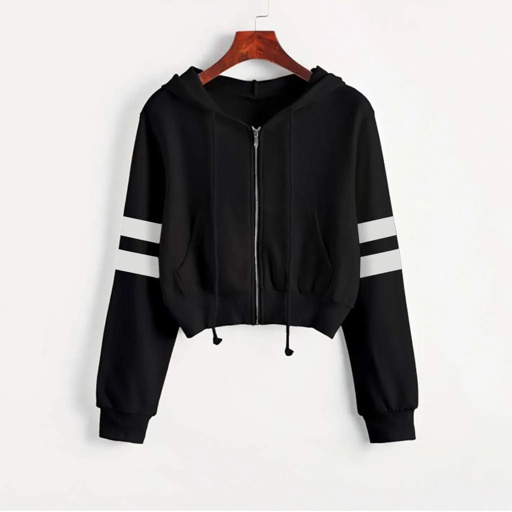 Women's Crop Hoodies Color Block Long Sleeve Zip Up Hooded Sport Jackets Casual Loose Lightweight Drawstring Cropped Tops