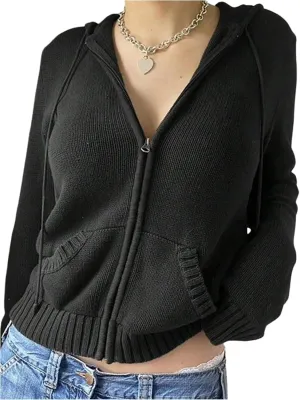 Women's Drawstring Zip Up Hoodies Long Sleeve Pocket Front Knit Cardigan Sweaters