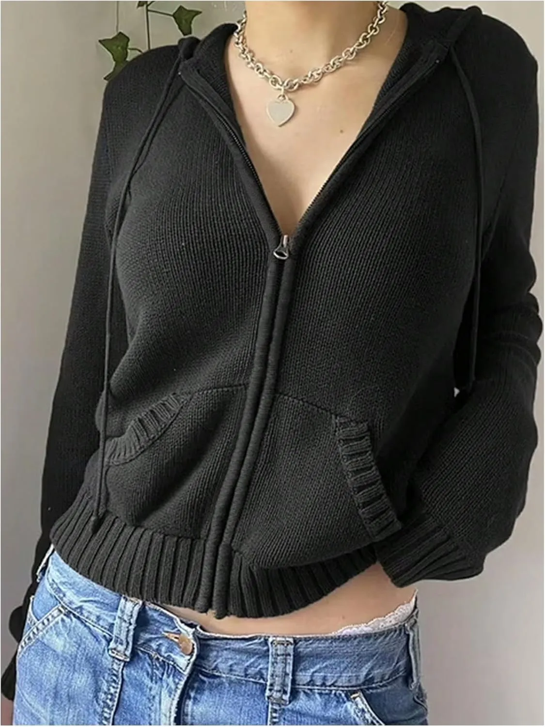 Women's Drawstring Zip Up Hoodies Long Sleeve Pocket Front Knit Cardigan Sweaters