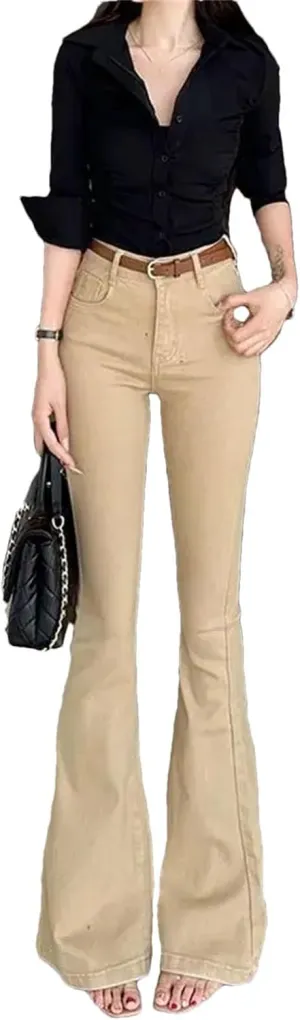 Womens Flared Jeans High Waist Slim Fit Stretch Skinny Trousers Vintage Casual Pockets Trousers