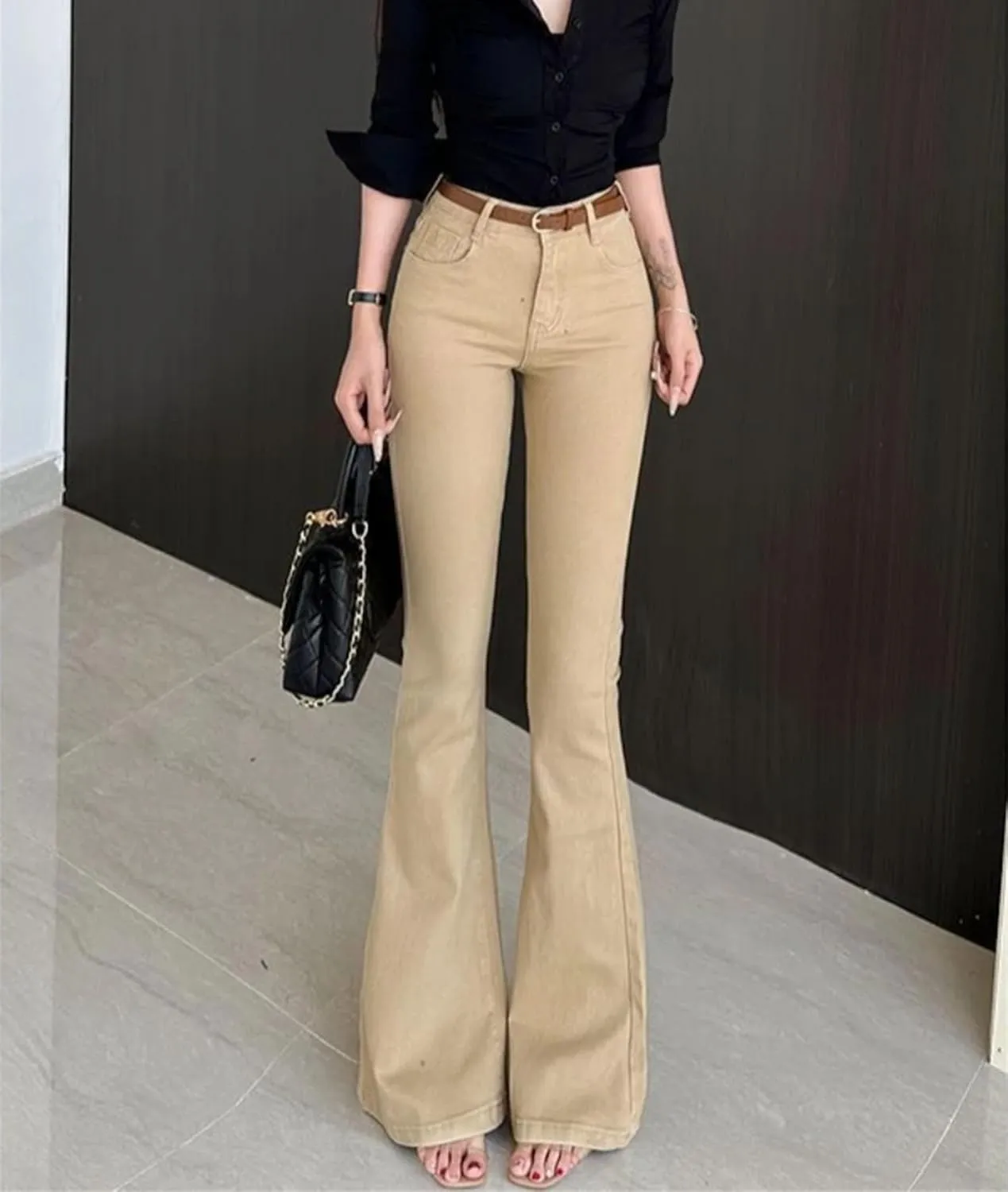 Womens Flared Jeans High Waist Slim Fit Stretch Skinny Trousers Vintage Casual Pockets Trousers