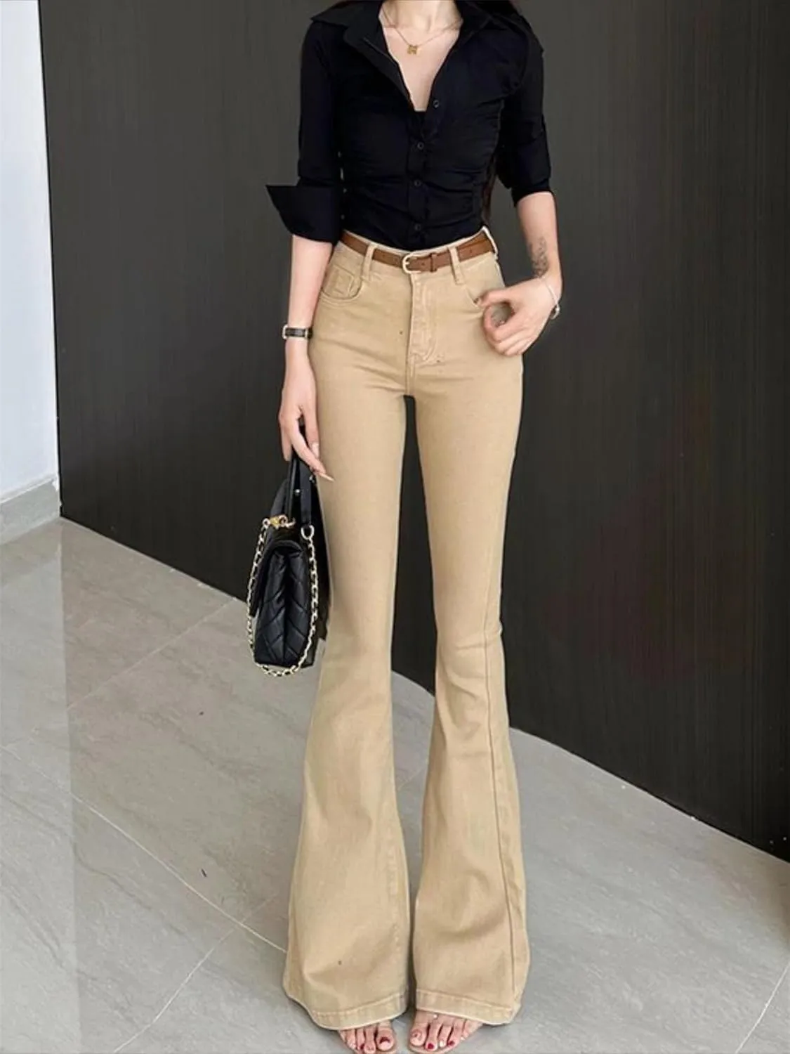 Womens Flared Jeans High Waist Slim Fit Stretch Skinny Trousers Vintage Casual Pockets Trousers