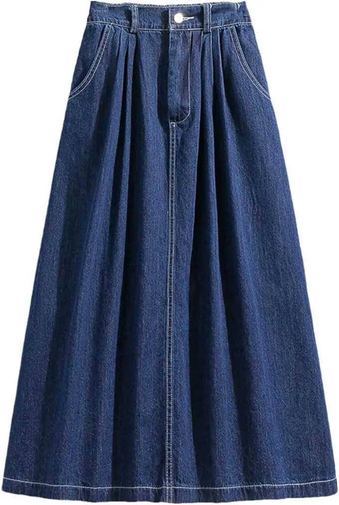 Women's High Elastic Waist Denim Skirt Korean Fashion Plus Size A Line Midi Jeans Skirts