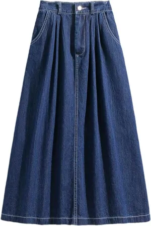 Women's High Elastic Waist Denim Skirt Korean Fashion Plus Size A Line Midi Jeans Skirts