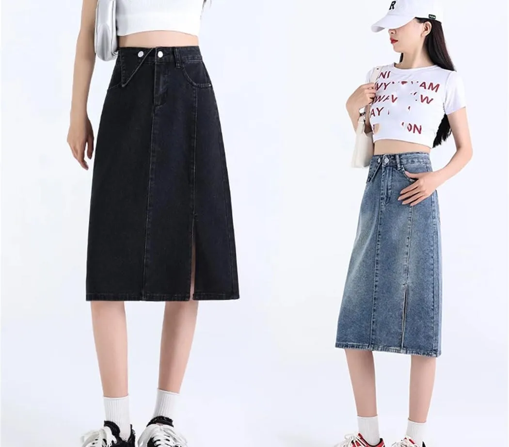 Women's High Waist Slim Fit Midi Denim Skirt Summer Casual Side Slit A-Line Jean Skirt