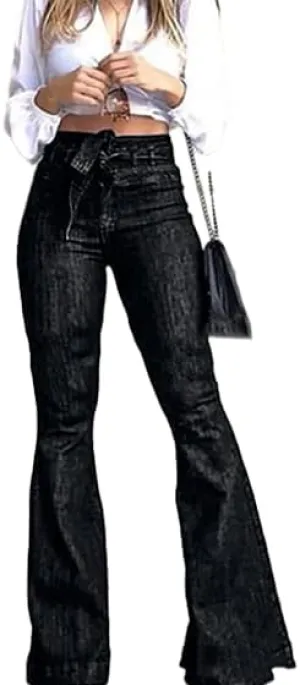 Women's High Waisted Bell Bottom Flare Jeans Vintage Stretch Bootcut Denim Pants Y2K Trouser with Belt