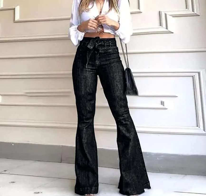 Women's High Waisted Bell Bottom Flare Jeans Vintage Stretch Bootcut Denim Pants Y2K Trouser with Belt