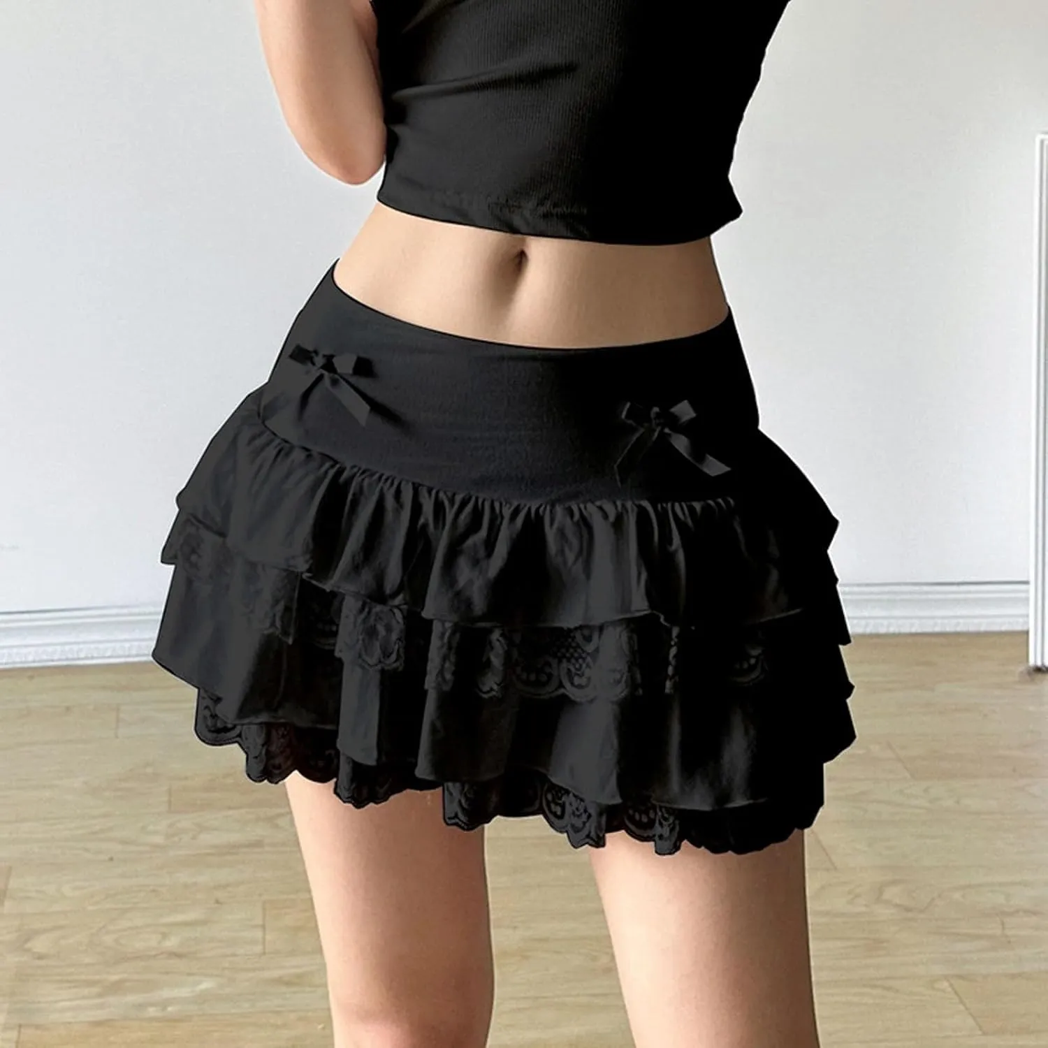Womens Lace Patchwork Mini Pleated Skirts Irregular Layered Pleated Sexy Elastic Waist Ruffles Lingerie Short Skirts