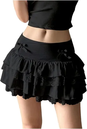 Womens Lace Patchwork Mini Pleated Skirts Irregular Layered Pleated Sexy Elastic Waist Ruffles Lingerie Short Skirts
