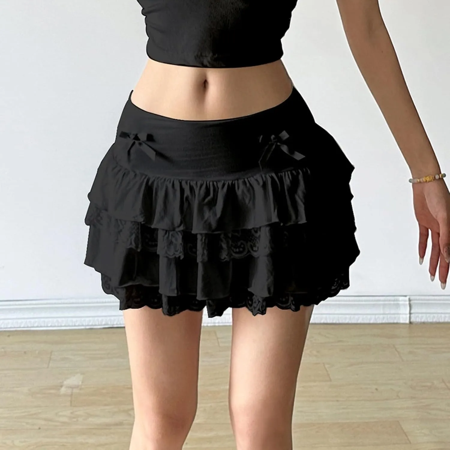 Womens Lace Patchwork Mini Pleated Skirts Irregular Layered Pleated Sexy Elastic Waist Ruffles Lingerie Short Skirts