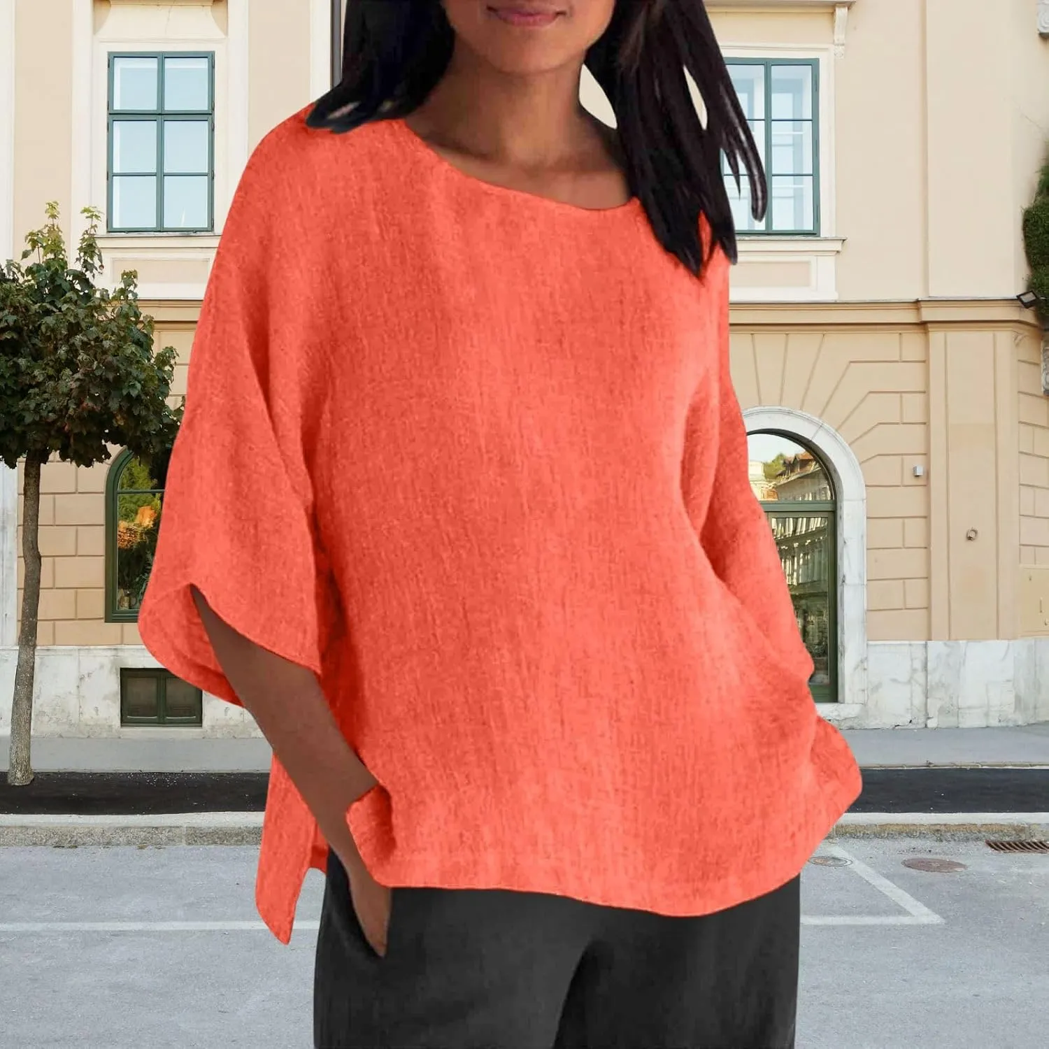 Women's Linen Shirts Casual 3/4 Sleeve Crewneck Solid Color Tunic Tops Loose Fit Plus Size Spring Fall Blouses