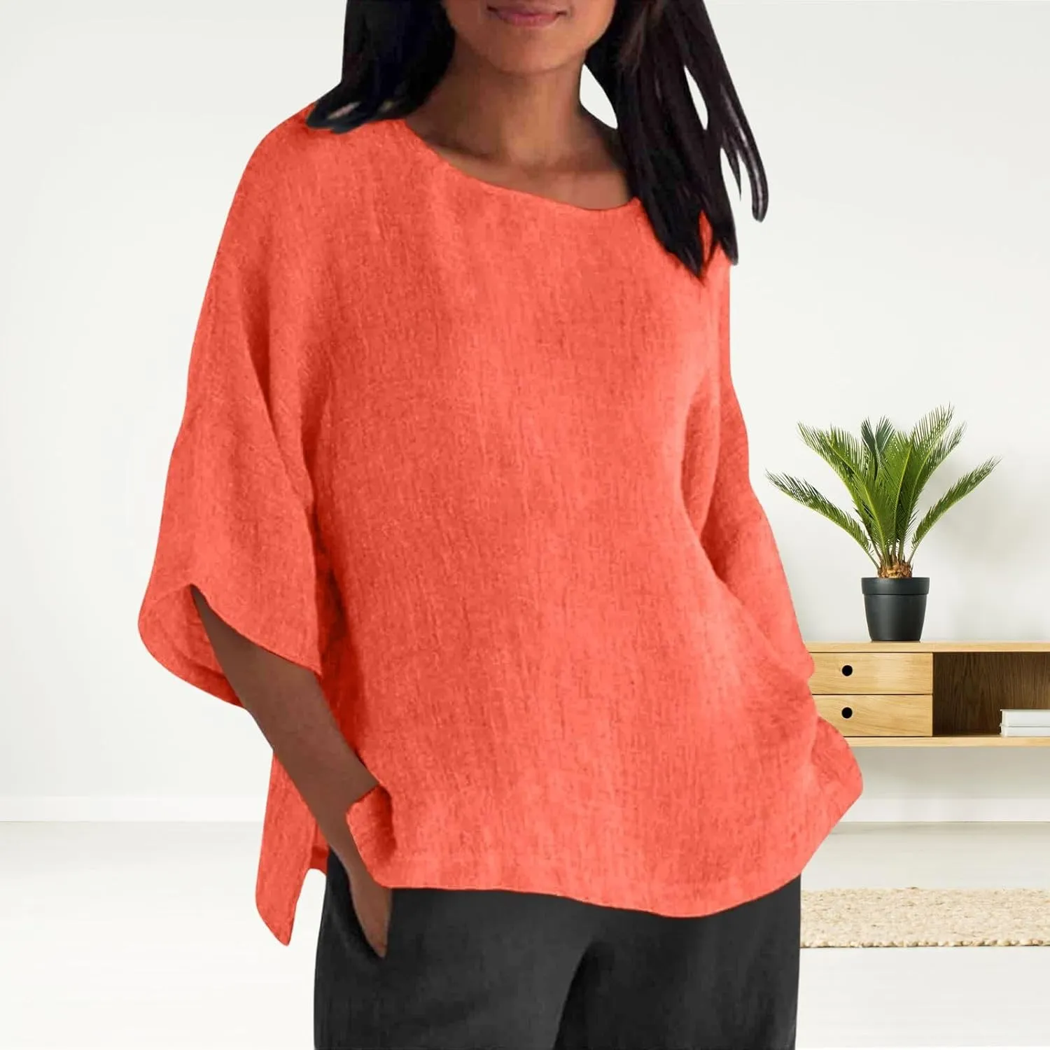 Women's Linen Shirts Casual 3/4 Sleeve Crewneck Solid Color Tunic Tops Loose Fit Plus Size Spring Fall Blouses