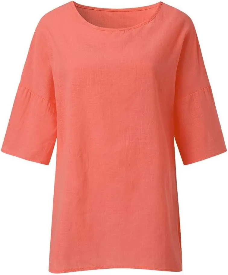 Women's Linen Shirts Casual 3/4 Sleeve Crewneck Solid Color Tunic Tops Loose Fit Plus Size Spring Fall Blouses
